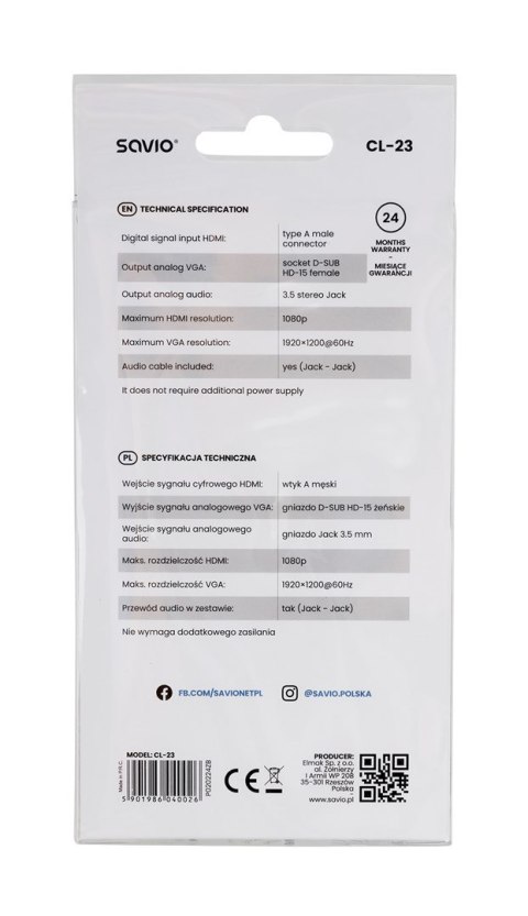 Adapter SAVIO cl-23 (HDMI M - D-Sub (VGA) F; 0,20m; kolor czarny)