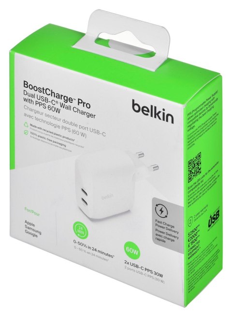 Ładowarka Belkin BoostCharge Pro Dual USB-C PD 3.1 PPS Wall Charger 60W White