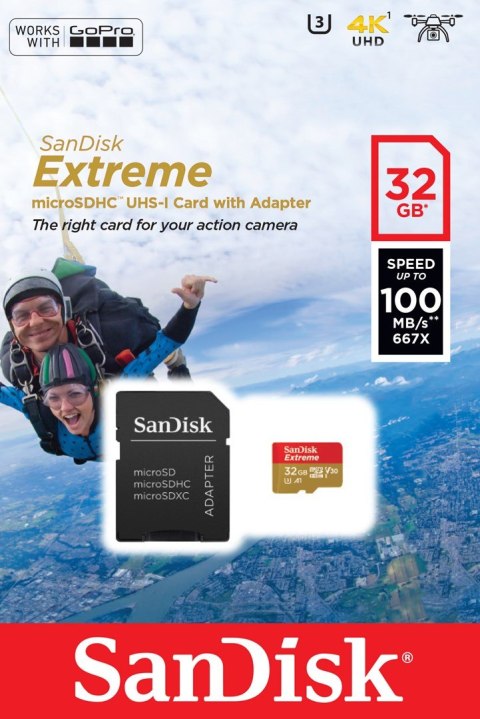 Karta pamięci SanDisk Extreme SDSQXAF-032G-GN6AA (32GB; Class U3; Adapter, Karta pamięci)