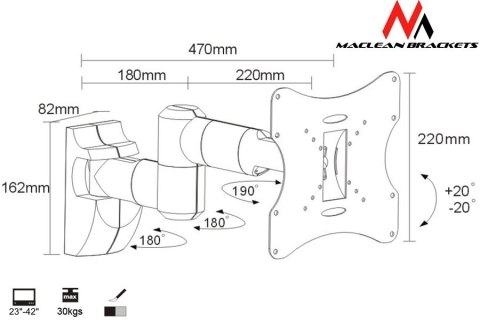 Uchwyt ścienny do monitora Maclean MC-503S (Obrotowy, ścienne, Uchylny; 23" - 42"; max. 30kg)