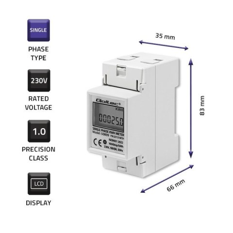 QOLTEC LICZNIK ZUŻYCIA ENERGII JEDNOFAZOWY NA SZYNĘ DIN | 230V | LCD | 2P