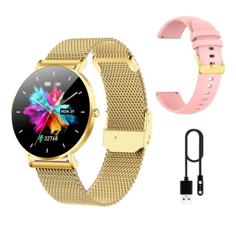 Smartwatch zegarek damski Alexa Lux Gold + różowy pasek