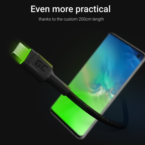 GREEN CELL KABEL KABGC13 GC RAY USB - USB-C 200CM, ZIELONY LED, SZYBKIE ŁADOWANIE ULTRA CHARGE, QC 3.0