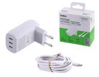 Ładowarka Belkin BoostCharge 3 Port USB-C PD 3.1 PPS Wall Charger 67W + USB-C to USB-C Cable 2m White