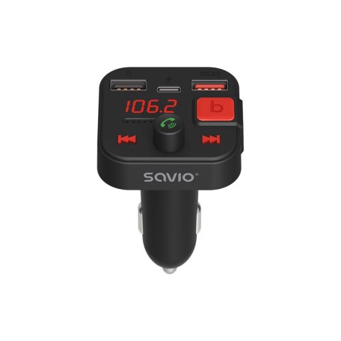 SAVIO TR-15 TRANSMITER FM Z WYŚWIETLACZEM, BLUETOOTH I ŁADOWARKĄ PD USB-C USB-A QUICK CHARGE, BASS BOOST