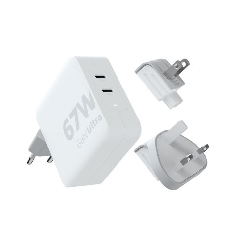 XTORM ŁADOWARKA SIECIOWA TURYSTYCZNA 67W GAN, 1X USB-C PD 67W, 1X USB-C PD 20W, WYMIENNE KOŃCÓWKI EU/UK/USA, KABEL USB-C 2M