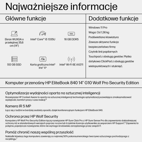 HP EliteBook 840 G10 i5-1335U 14"WUXGA IPS 250nits AG 16GB DDR5 SSD512 Iris Xe 51Wh W11Pro 3Y OnSite