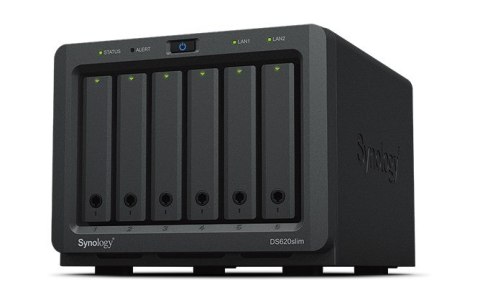 NAS Synology DS620slim; Tower; 6x (2.5" SATA HDD); Intel Celeron J3355; 2GB DDR3L (max. 6GB), 2x 1GbE RJ-45