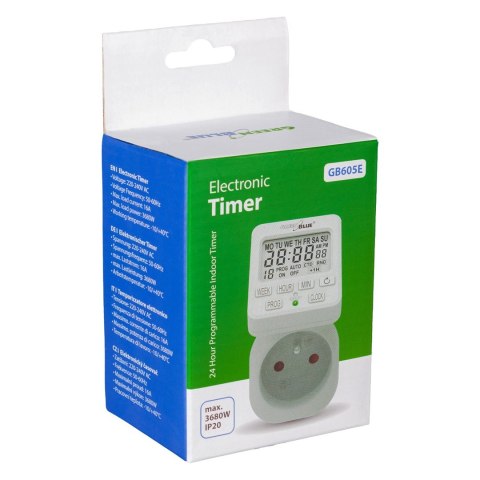 GREENBLUE WŁĄCZNIK CZASOWY- TIMER CYFROWY MAX. OBCIĄŻENIE 16A, IP20 GB605 E