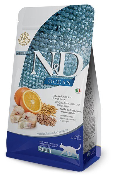 FARMINA N&D Ocean Cod, Spelt, Oats & Orange Adult - sucha karma dla kota - 1,5kg